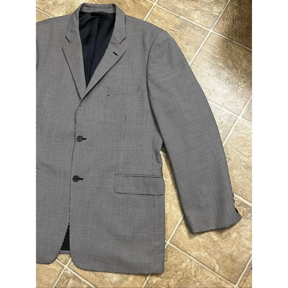 John W Nordstrom Blazer 100% Wool Black Grey Houndstooth Men 46L Two-Button